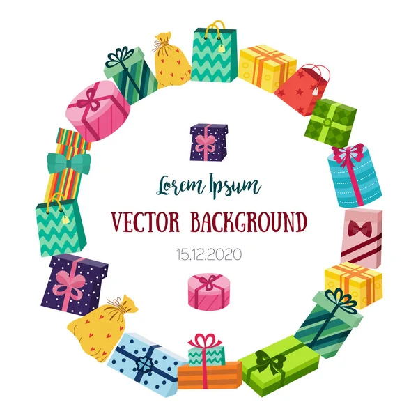 Round frame made of flat cartoon gifts, presents — Stock Vector