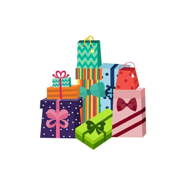 Vector cartoon present gift box ribbon bow pile — Stock Vector