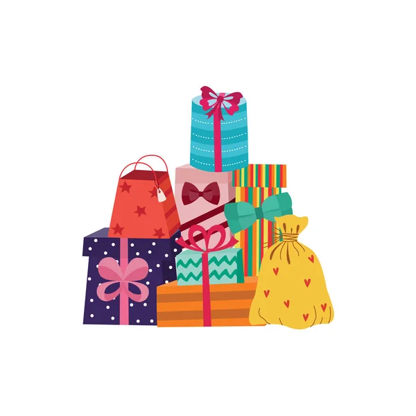 Vector cartoon present gift box ribbon bow pile — Stock Vector