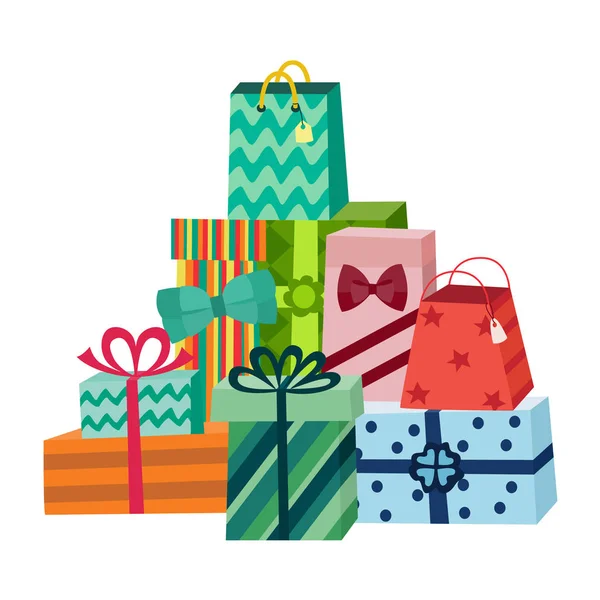 Vector cartoon present gift box ribbon bow pile — Stock Vector