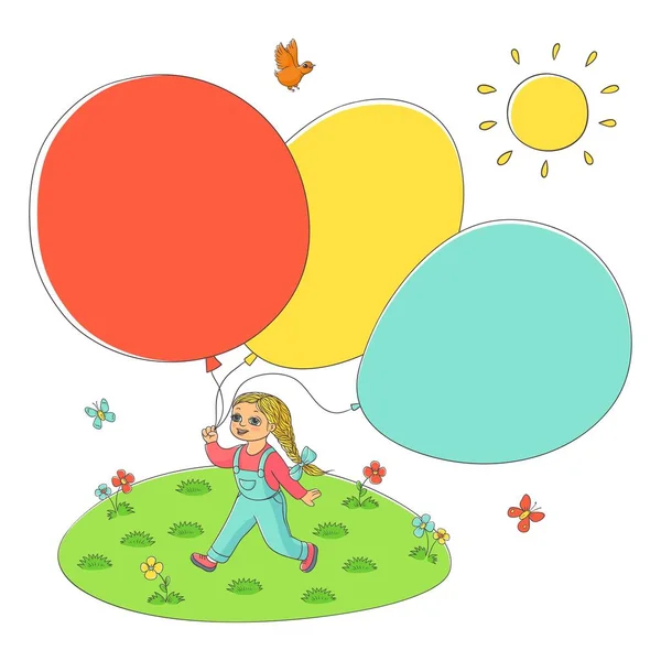 Vektor flache Mädchen Kind zu Fuß mit Luftballons — Stockvektor