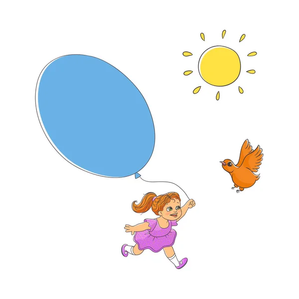 Handgezeichnete Sonne, Vogel und kleines Mädchen mit Luftballon — Stockvektor