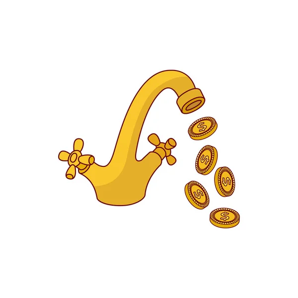 Rubinetto dell'acqua piatto vettoriale con monete d'oro che cadono — Vettoriale Stock