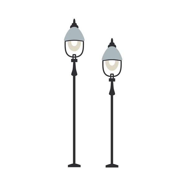 Lanternes de rue avec un ensemble de lampadaires de différentes hauteurs dans un design plat isolé sur fond blanc . — Image vectorielle