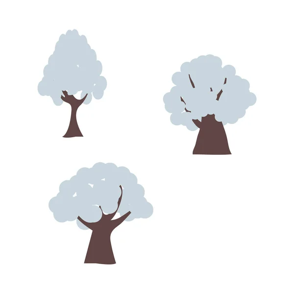 Árboles de invierno en nieve engastados con diferentes formas de deriva de nieve en ramas de estilo plano aisladas sobre fondo blanco . — Vector de stock