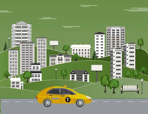 Edificio de rascacielos de taxi con cartel de paisaje urbano vectorial — Vector de stock
