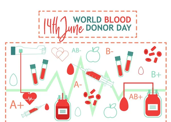 Wereld bloed donor dag illustratie met beelden van bloed donatie levensreddende en ziekenhuis apparatuur. — Stockvector