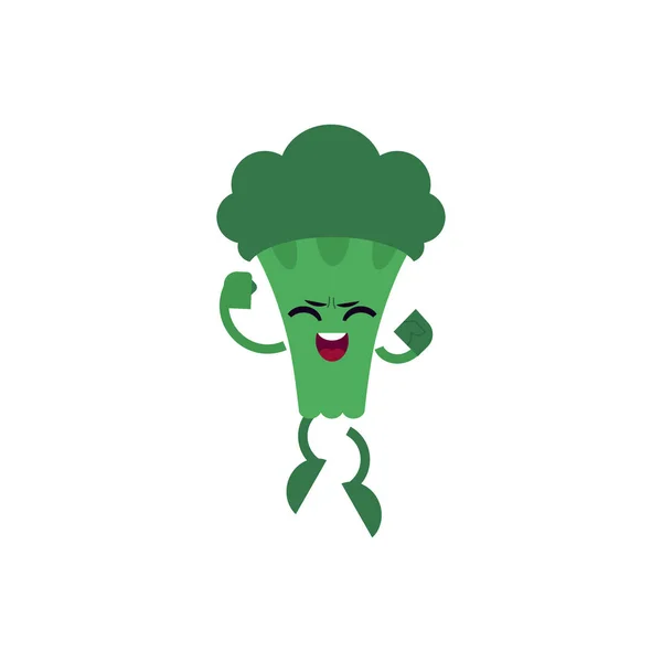 Брокколи празднует успех и выпрыгивает со счастливым выражением. Плоский мультфильм изолированный характер зеленого овоща . — стоковый вектор
