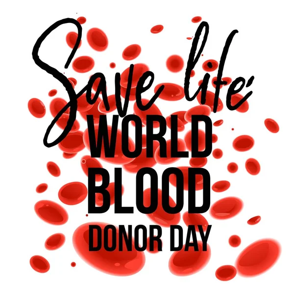 Wereld bloed Donor dag banner met Save Life teken op witte achtergrond met rode cartoon bloedcellen. — Stockvector