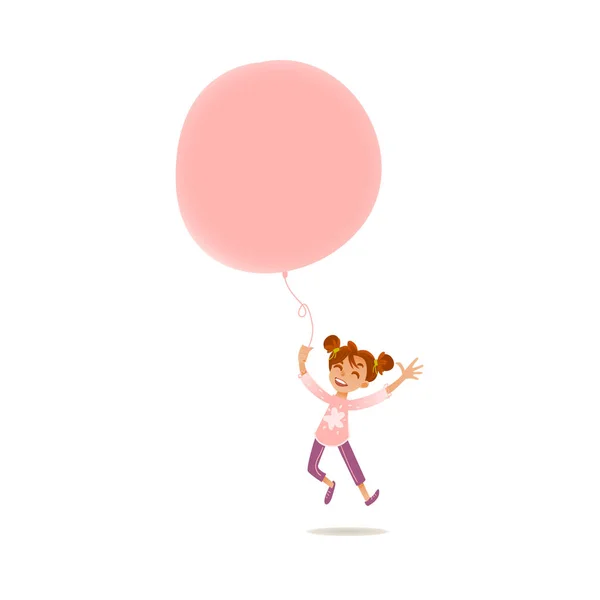 Vector niña plana niño caminando con globos de aire — Archivo Imágenes Vectoriales