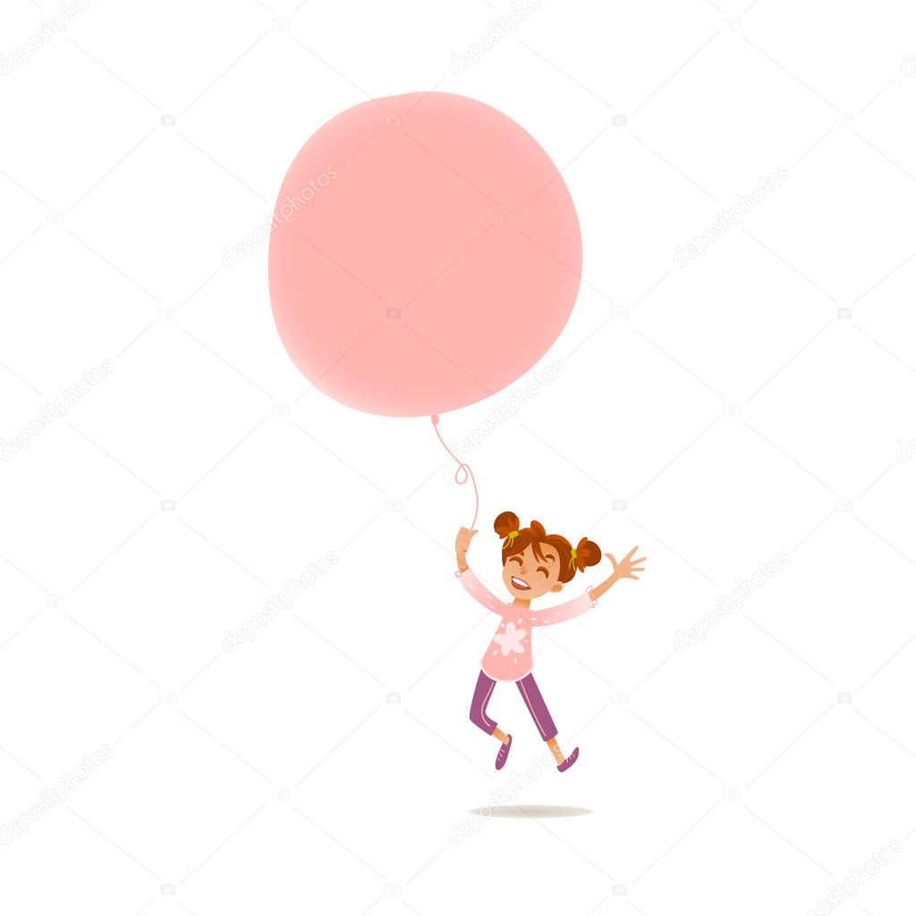 Vector flat girl child walking with air balloons
