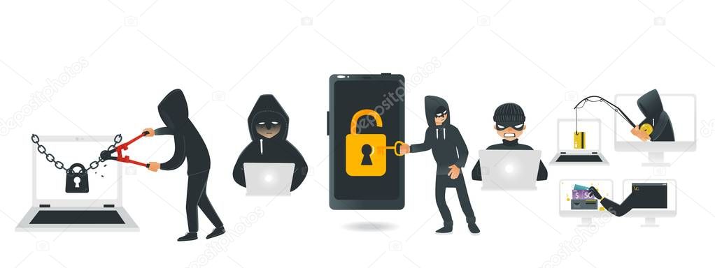 Vector cartoon hackers stealing money set