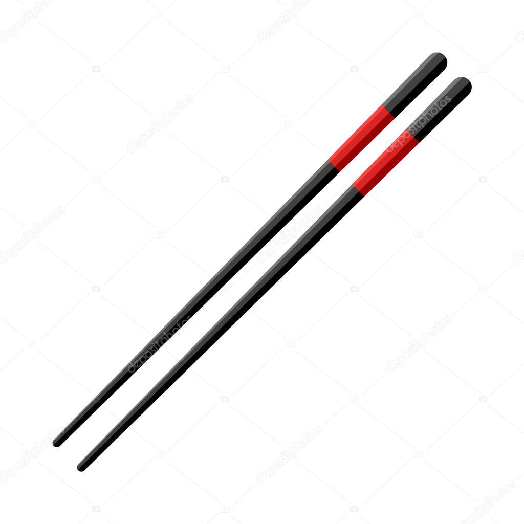Pair of black wooden chopsticks with red lines isolated on white background.