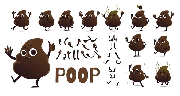 Poop création de personnage de bande dessinée ensemble avec différentes émotions, parties du corps et gestes isolés sur fond blanc . — Image vectorielle