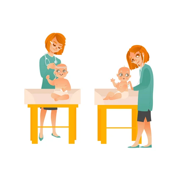 Жінка-педіатр оглядає дитину на плановому наборі, ізольованому на білому тлі . — стоковий вектор