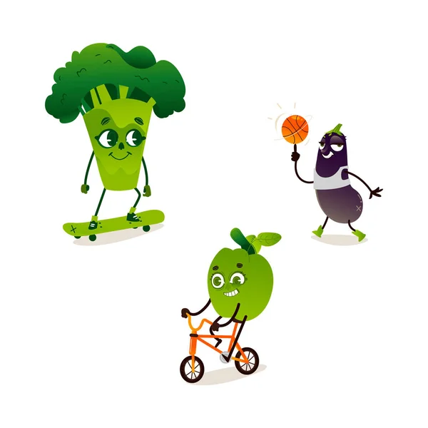 Ensemble de caractères vectoriels du brocoli pomme aubergine sport — Image vectorielle