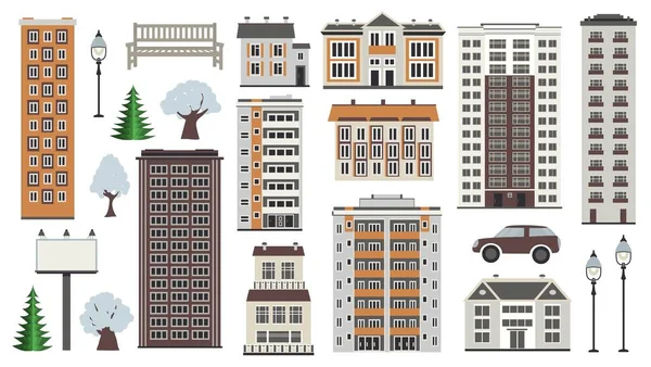 Various city elements in winter time - multistorey houses and municipal buildings, trees in snow, park and transport. — Stock Vector