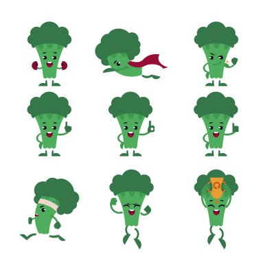 Green fresh broccoli character set isolated on white background - useful vitamin vegetable. clipart