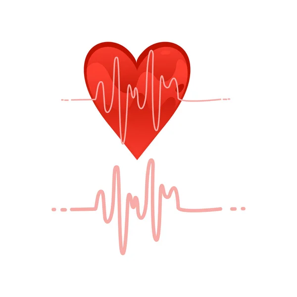 Heartbeat pictogram met pulse grafiek op witte achtergrond en rode cartoon hart vorm. Geïsoleerde vectorillustratie. — Stockvector