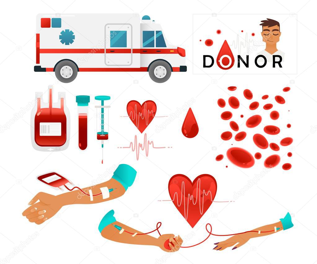 Set of blood donor images with blood donation lifesaving and hospital equipment.