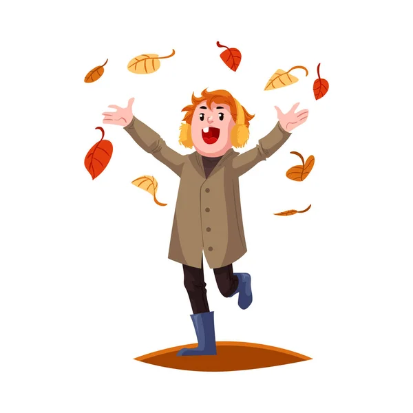Vektor kreslené chlapce dítě padající na podzim listy — Stockový vektor