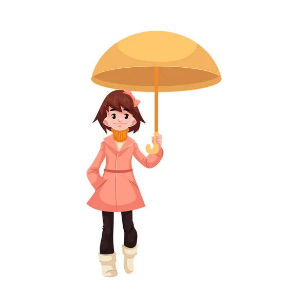 Lilla ungen tjej under paraply går under regn leende och glad isolerad på vit bakgrund. — Stock vektor
