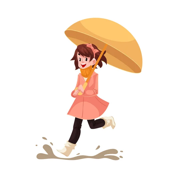 Kid girl under umbrella jumps in puddle in rain smiling and happy isolated on white background. — Stock Vector