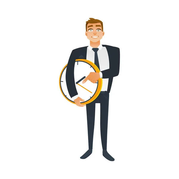 Businessman and time concept with young office worker in business suit stands and holds big wall clock. — Stock Vector