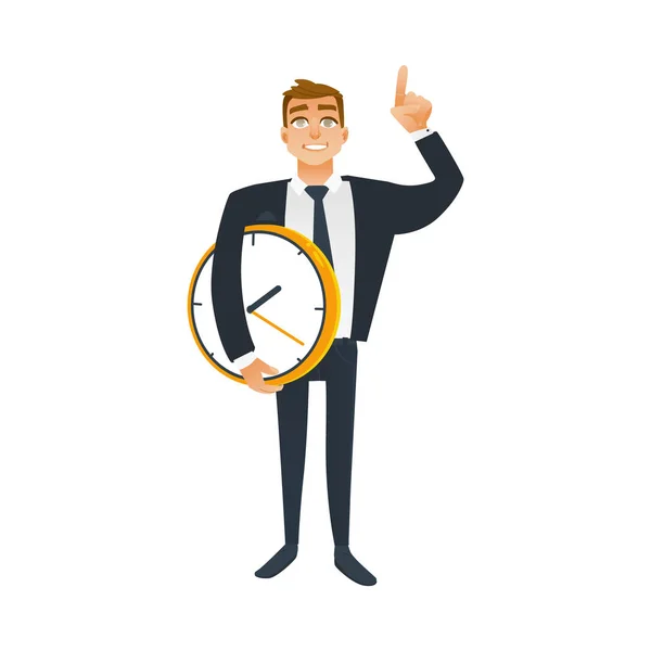 Businessman and time concept with office worker holding big wall clock with index finger pointing upward. — Stock Vector