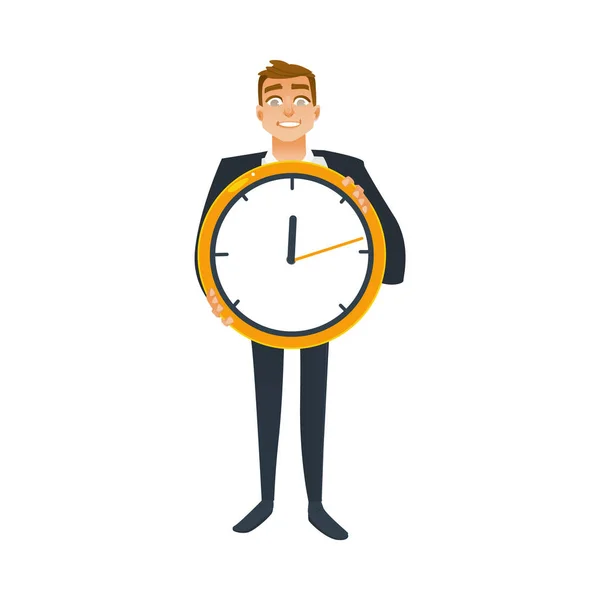 Businessman and time concept with office worker in business suit stands and holds big wall clock in front of chest. — Stock Vector