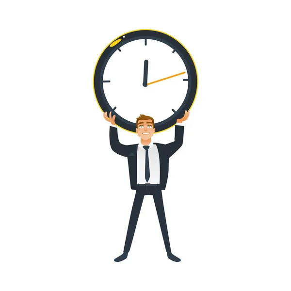 Businessman and time concept - young office worker in business suit stands and holds big wall clock overhead. — Stock Vector