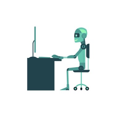 Artificial intelligence concept with anthropoid robot works behind computer. clipart