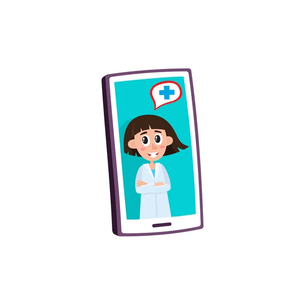 Concetto di assistenza medica remota con medico donna che consiglia il paziente su video su smartphone — Vettoriale Stock