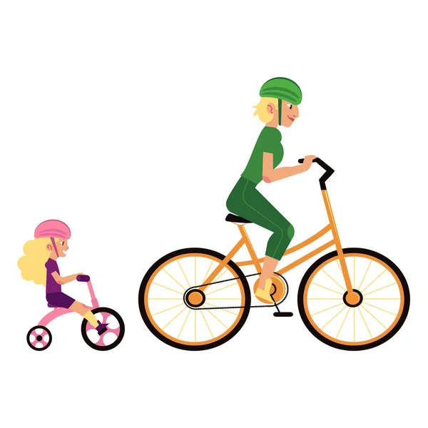 어머니와 딸 스포츠 보호 사이클을 타고 스포츠 가족 개념. — 스톡 벡터