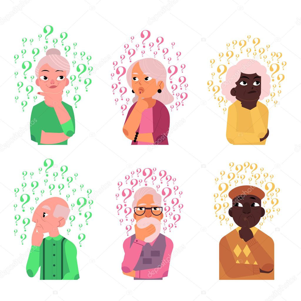 Vector cartoon old people qestions thinking set