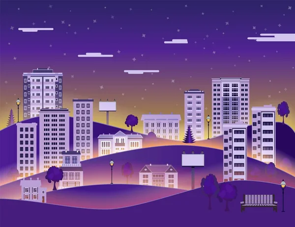 City landscape in night with multistorey apartment houses and office buildings, public park. — Stock Vector