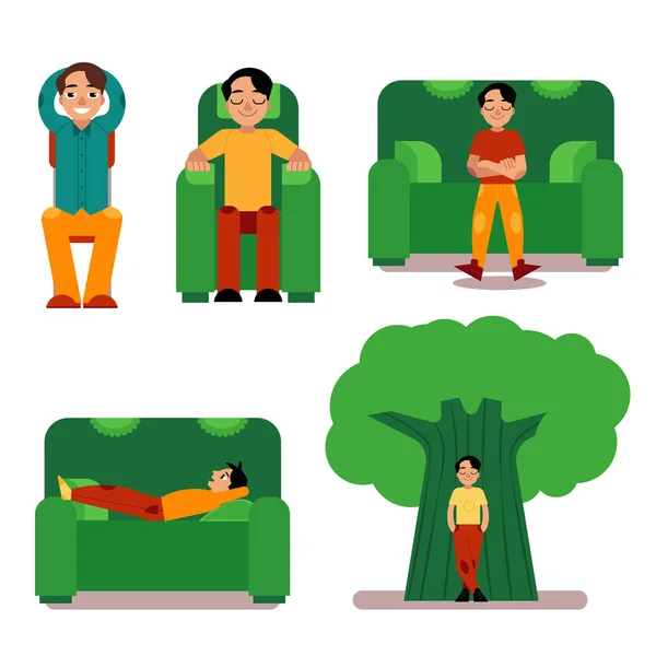 Ung man avkopplande set - manliga karaktär sittande eller liggande på möbler och står nära gröna träd. — Stock vektor