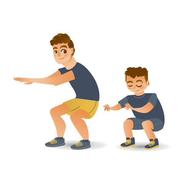 Векторный мультфильм о мужчине и мальчике, делающих упражнения на корточках — стоковый вектор