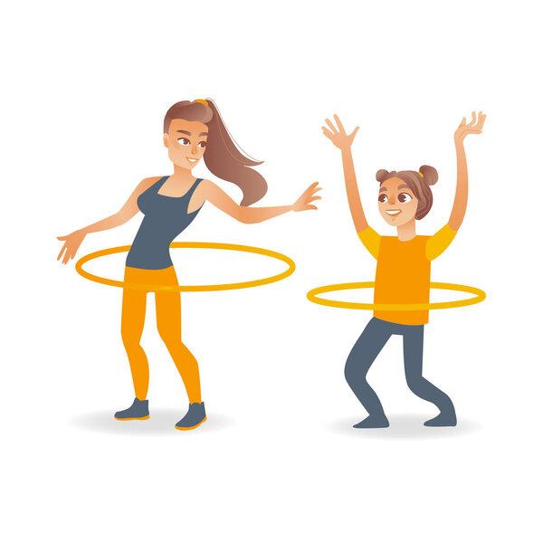 Vector flat girl kid and woman hula hoop exercise