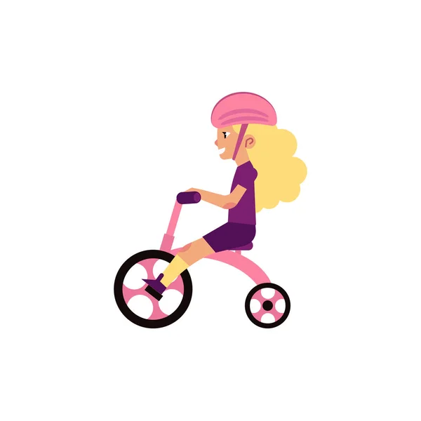 Little girl riding tricycle - cute female child wears safety helmet and rides pink bicycle isolated on white background. — Stock Vector