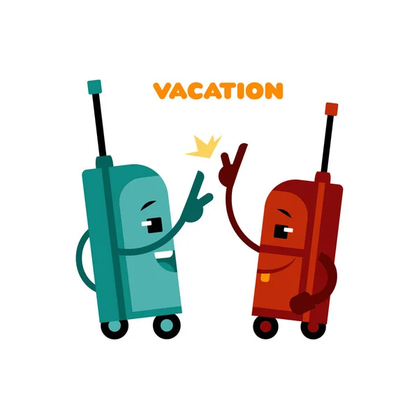 Hög fem resväskor seriefigurer - par glad och leende redo för resor bagage väskor. — Stock vektor