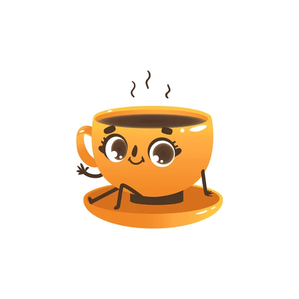 Taza de café o té personaje de dibujos animados lindo taza amarilla con bebida caliente y vapor . — Vector de stock