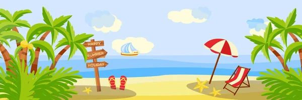 Summer beach vacation horizontal banner with lounge and umbrella on sand with palm trees near sea. — Stock Vector