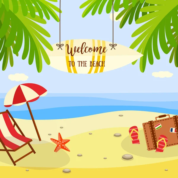 Banner de vacaciones de verano con salón y accesorios de viaje en la arena con palmeras cerca del agua de mar . — Vector de stock