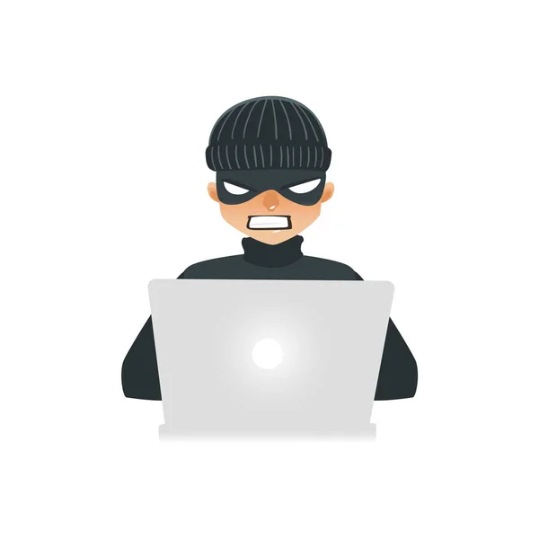 Hacker en ropa negra y máscara sentado detrás de la computadora portátil y robar información y datos . — Vector de stock