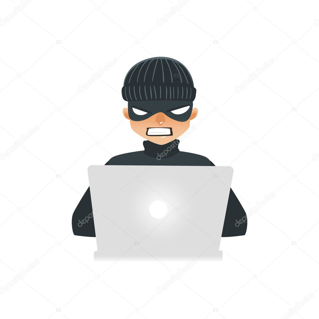 Hacker in black clothes and mask sitting behind laptop and stealing information and data.