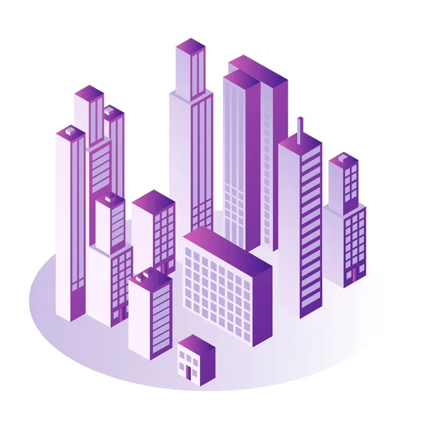 Городская изометрическая концепция с многоэтажными офисными или жилыми зданиями в градиентно-фиолетовом цвете . — стоковый вектор