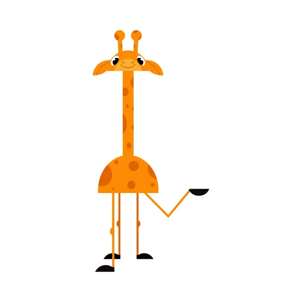 Cute giraffe cartoon character stands smiling and pointing with hand to something isolated on white background. — Stock Vector