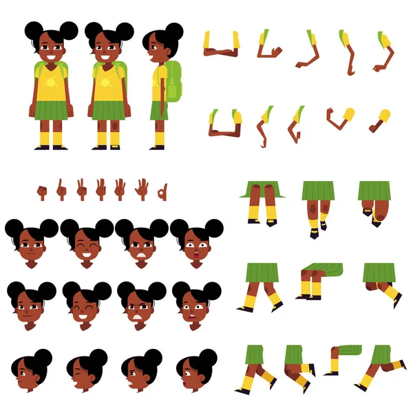Malé africké školačka vytvoření sada - kreslené postavičky ženské dítěte s batohem. — Stockový vektor