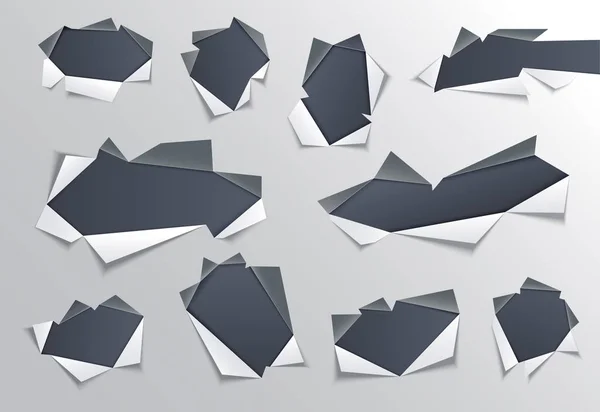 Trou déchiré avec des bords gris au milieu du jeu de papier avec fond sombre en dessous . — Image vectorielle